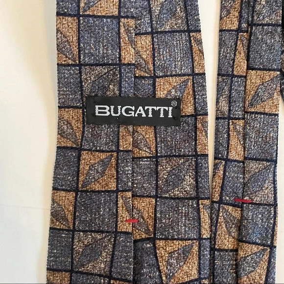 Bugatti Men’s Brown Blue Diamond Print Silk Tie - Picture 2 of 4